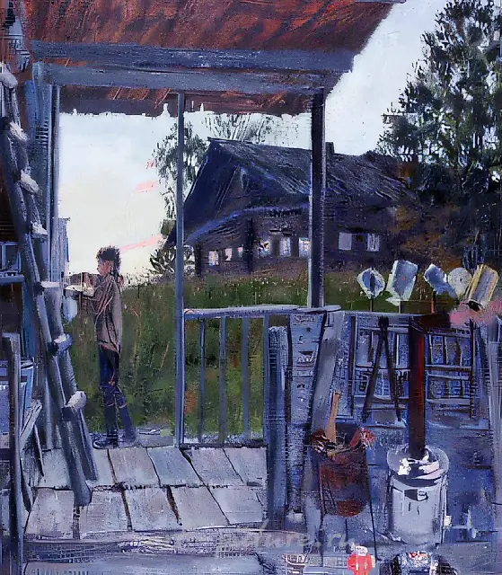 为晚餐。在阳台上，1980年，纤维板，油画，30x30厘米。作者自藏。