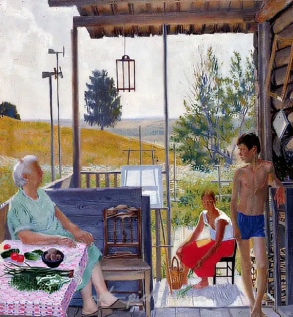 家庭合影在阳台，1989年，布面油画，80×75厘米。作者自藏。