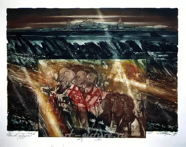正义者的行进。三联画《俄罗斯》右侧部分，1994年，纸本，彩色蚀刻版画，45×60厘米。作者收藏。