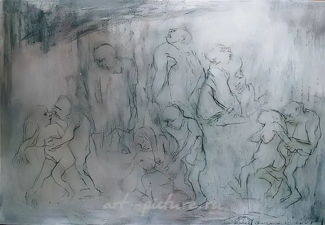多人物构图，1994年，纸本，炭笔，粉彩，70×100，作者自藏