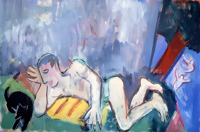 周末休闲，1987年，布面油画，100×150。作者所有。