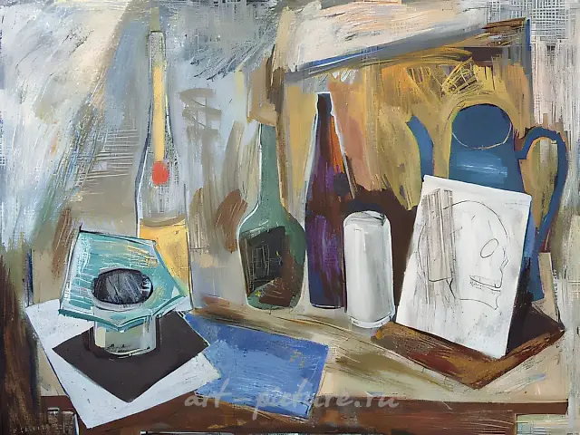 静物与学校练习本素描，1988年，布面油画，80×120厘米。私人收藏。意大利。