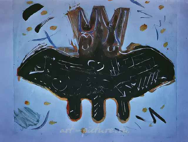 带翼的恋物，1990年，纸张，单版画，50×56。作者收藏。