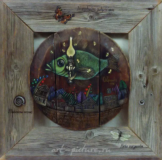 Птички-рыбки, 1994, дерево, масло, 45х45. Собственность автора