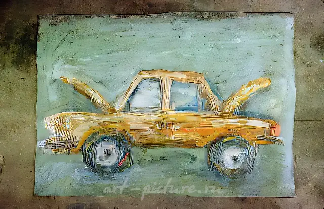 Flying Car, 1983, ruberoid, oil, 50x40