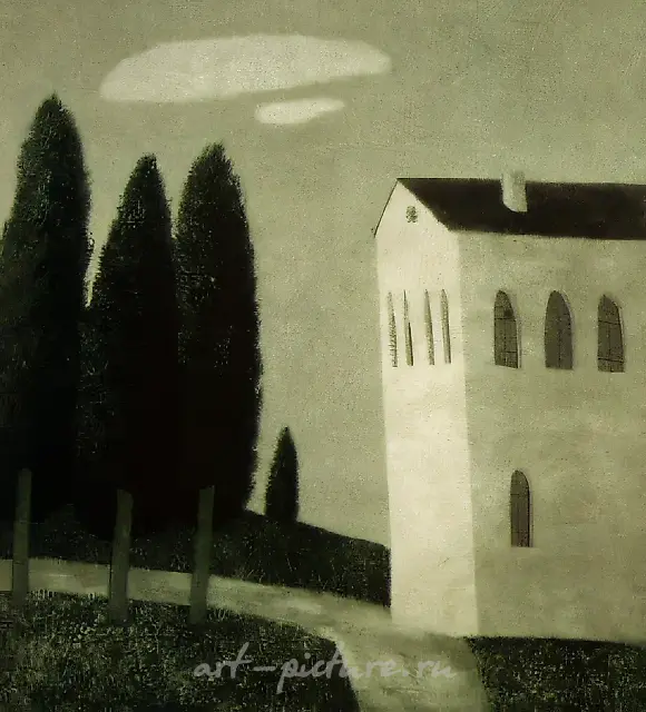 Cypresses in the Outskirts, 1993, coloured aquatint, 35x32 Aurhor`s property