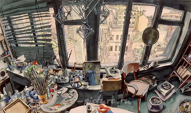 Мастерская, 1989, бумага, акварель, арт-пен, 55х102 Частная коллекция. Даллас. США.