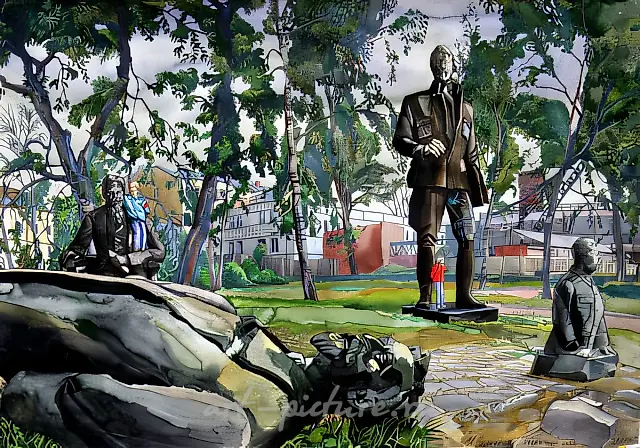 Москва. Путч. Разрушенные идолы., 1991, бумага, акварель, арт-пен, 72х102 Собственность автора