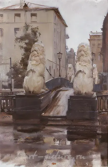 St.Petersburg. Lion`s Bridge, 1990, wood, oil, 70x50 Author`s property
