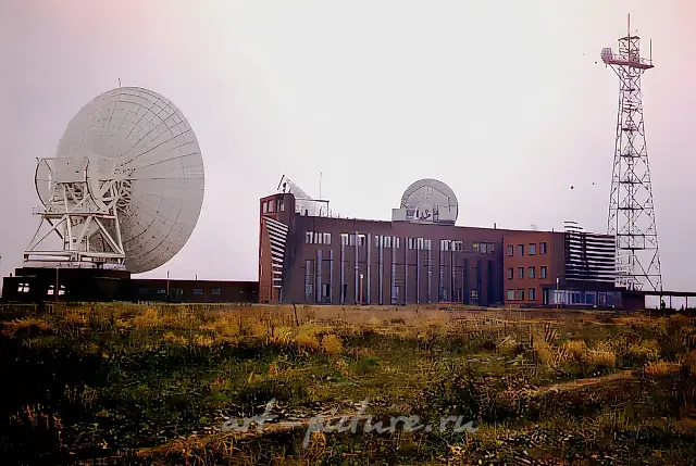 Architectural Design in the Centre of Space Communication, 1983, metal, glass, coloured plaster, facade 70x83 Centre of Space Communication. Dubna