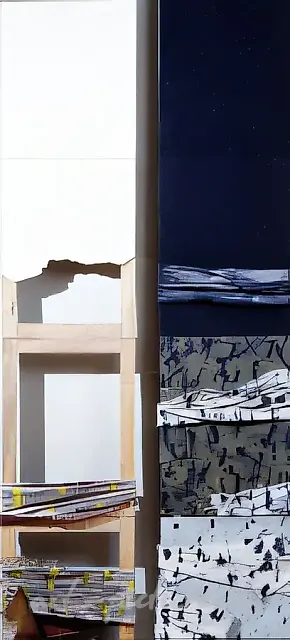 Spring Flood. Metaphysical Landscape. Diptych, 1993, Tempera, wood, cardboard, tissue, (192x36)x2 RF Ministry of Culture