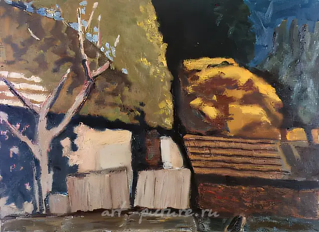 农庄院落，1990年，布面油画，45×60厘米。私人收藏。意大利。