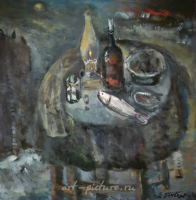 静物与鱼，1987年，布面油画，100×100厘米。私人收藏。米兰，意大利。