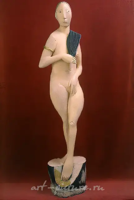 Lady with a Fan, 1993, wood, polychrome, gilt, 170x30x40 Author`s property