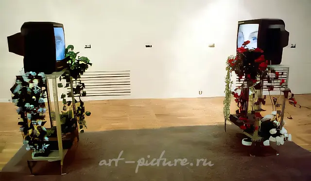 I Hate the State, 1994, Two video-channels, color photo, artificial flowers,   Author’s property