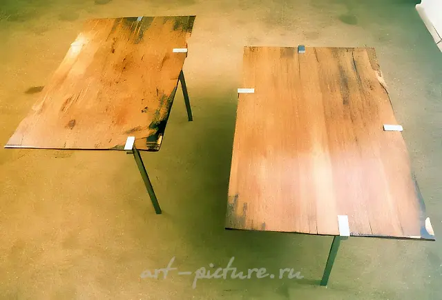 Objects from the Enigmatic World: Two Tables, 1992, Wood, metal, color photo, 120 x 75 x 60 cm each piece State Russian Museum, St.Petersburg