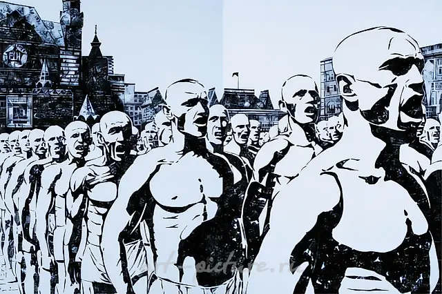Right March I, 2007, gold leaf, hand printing on canvas, 220x397