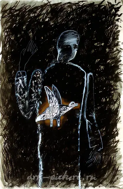 Without a Title. From the «Black Series». 1, 1990, paper, tempera, bronze, 75x49.5 cm. Author`s property