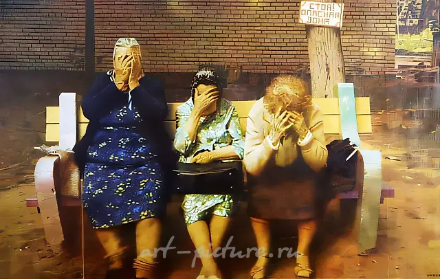 Halt! Dangerous Zone. From the cycle "On the Benches", 1989, Oil on canvas, 160 x 270 cm Private collection, USA