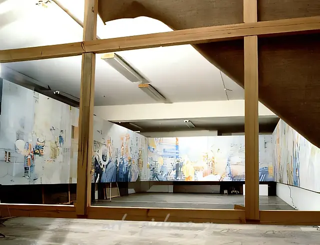 The Last Demonstration. From the project at Regina Gallery, Moscow 1 May 1989, 1989, Mixed media, 10 canvas strips 1.7m high 25 m long canvas frieze representing May Day parade in Moscow, surrounding the spectator on all sides, gradually fraying, dematerializing, losing color and outlines, torn off at the end. 
European Trading Bank`s property, Moscow