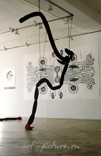 Installation «Stomachs», L-Gallery, Moscow, 1994, fabric, stuffing, sewing, paper, indian ink. Object 400x30 cm, drawing 200x400