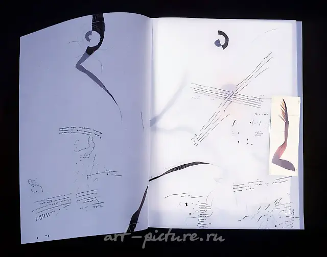 Fly`s Leg. Spread of a book, 1989, paper, tracing paper, indian ink, collage, 40x30x2 cm. Pushkin Museum of Fine Arts