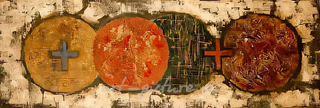 Four Discs with Crosses, 1961, wood, oil, 150x50 cm. Author`s property