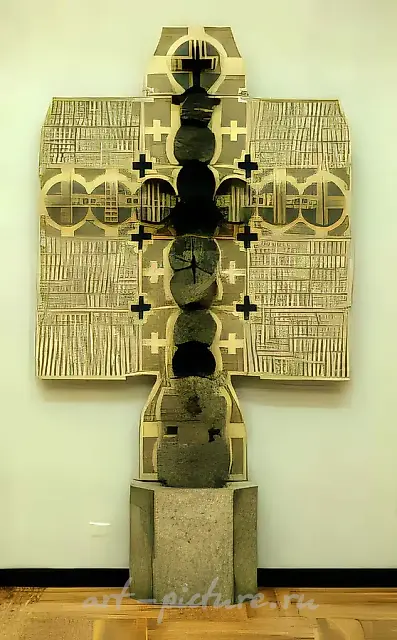 Cross, 1976, wood, metal, nails, levkas, oil, 300x180x35 cm. Author`s property