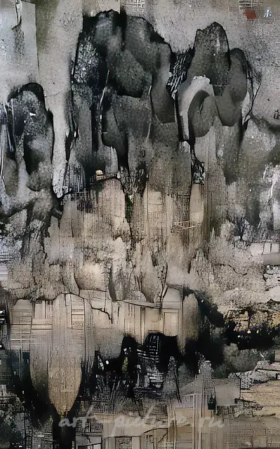 Китайский пейзаж в черных тонах, 1989, Холст, масло, коллаж, акрил, 140х95 см Частное собрание, Гонконг
