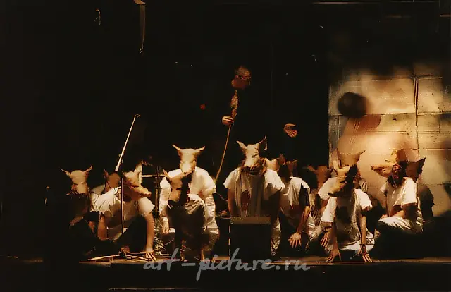 Pigs as Deputies. Fragment of performance in Kulik`s election campaign. «Pilot» Club, 1994, photo documentation
