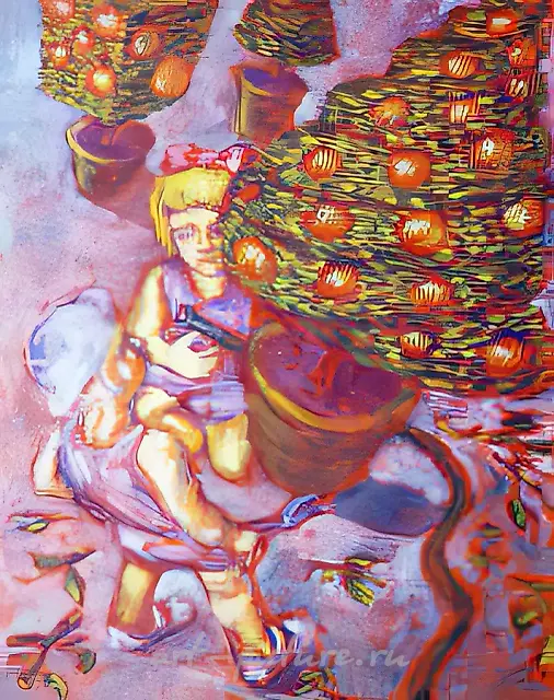 Children in the Greenhouse, 1992, canvas, oil, 100x80 cm. Author`s property