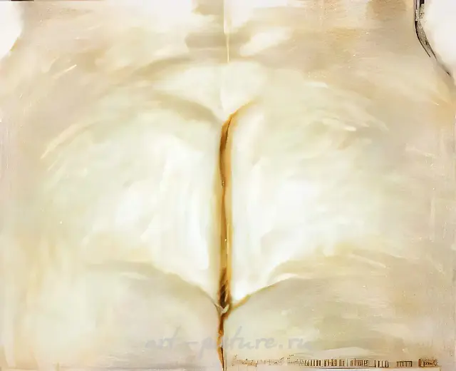 В саду. Триптих, 1-я часть, 1990, Холст, масло, фломастеры, марля, 100х120 см Собственность автора