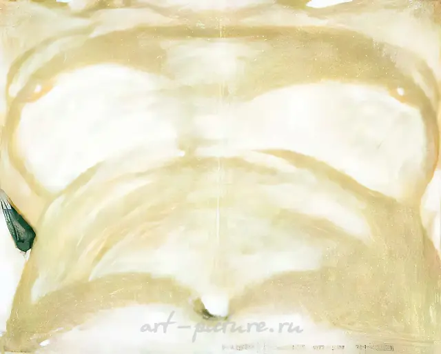 В саду. Триптих, 3-я часть, 1990, Холст, масло, фломастеры, марля, 100х120 см Собственность автора