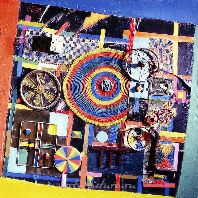 Improvisation with Objects, 1975, collage, canvas, oil, 140x139.5 cm. Author`s property