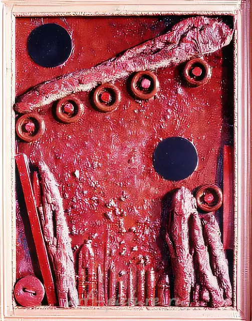 黑色圆圈，1994年，木材，油画，拼贴，80x60厘米。作者自藏。