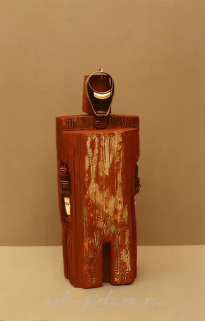 №8. From the series «Incubuses», 1995, wood, metal, faience, paint, 28x10.5x6.5 cm. Author`s property