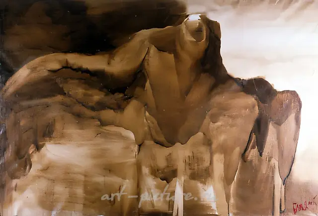 Awakening, 1988, canvas, bitumen varnish, oil, 200x300 cm. Author`s property. Stolen in 1989 from «Russian» exhibition