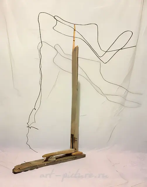 Marina, 1989, wood, steel wire, stone, 120x50x42 cm. Author`s property