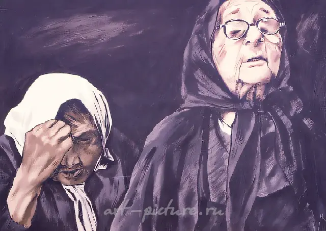 Two Old Women in Church, 1990, Acrylic on cardboard, 70x120 cm Author’s property