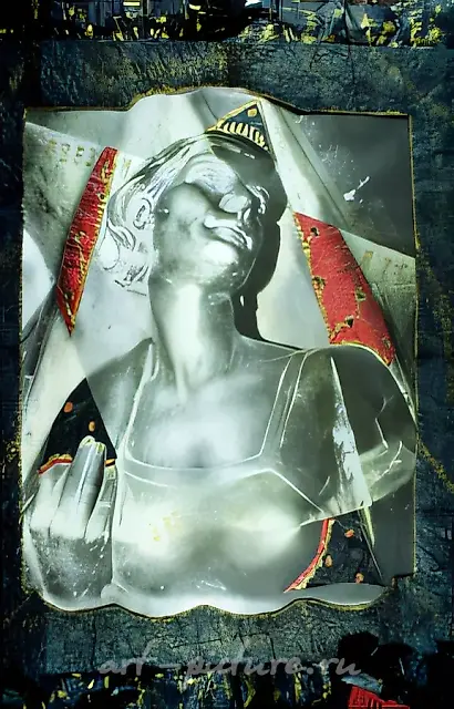 Caryatids of the 30s - I, 1991, B/W photo, collage, newspapers, bronze paint, water-colour, ink, 150x115 cm. Authors`