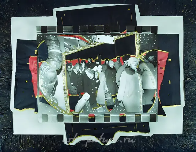 Halls of Cherkashin`s Metropolitan Museum, 1992, B/W photo, collage, newspapers, bronze paint, water-colour, ink, 80x100 cm