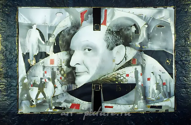 King of the Metro, 1992, B/W photo, collage, newspapers, bronze paint, water-colour, ink, 115x150 cm. Authors` property