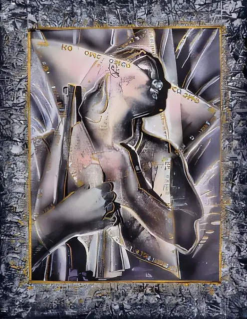 Women of the 30s. Portrait - I, 1994, B/W photo, collage, newspapers, bronze paint, water-colour, ink, 100x80 cm. Author`s property