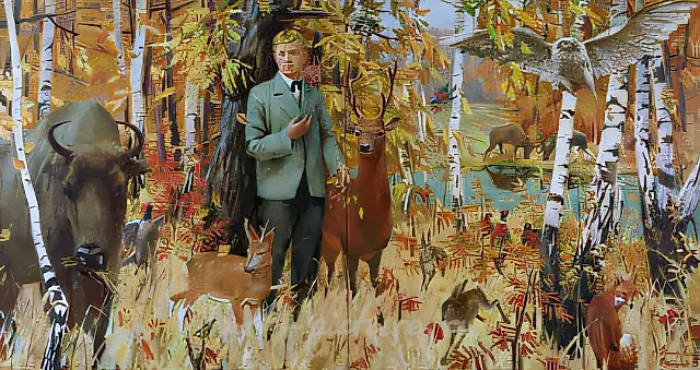 金色的秋天（与V.杜博萨尔斯基合作），1995年，布面油画，200×360厘米，作者自藏