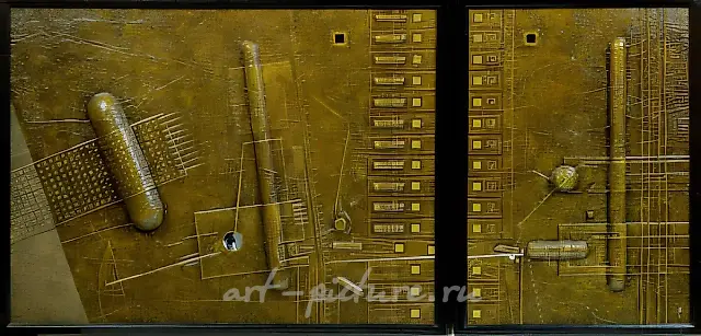 "Notes of Militarism" (diptych), 1994, plywood, wood, oil, 77x100x4, 77x53x2,5 Author`s property