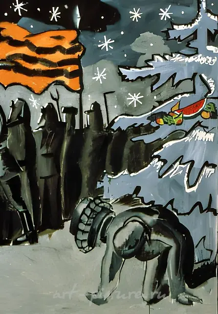 Final and Decisive. From the cycle «Perdo», 1987, orgalith, tempera, 120x200 cm. P. Halonen Collection, Helsinki, Finland