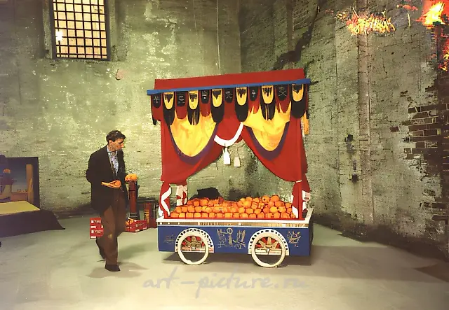Salome`s Bed, 1991, wood, textile, bicycle wheels, orange, 280x980x100 cm. Collection of P.-G. Carini, Florence