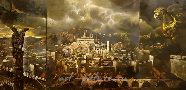 City (triptych), 1996, canvas, oil, 92x180