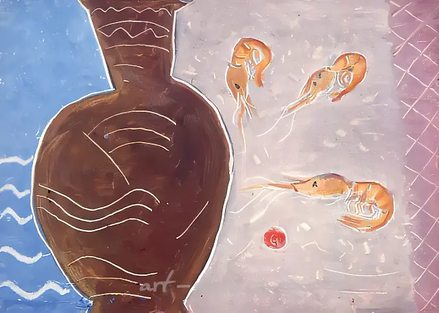 Prawns playing ball, 1961, oil on cardboard, 23x33