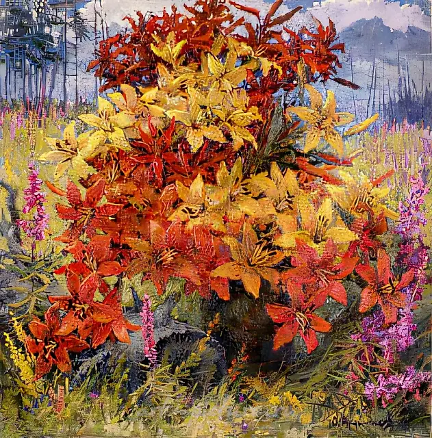 Сибирские лилии, 1995, масло на холсте, 100x100